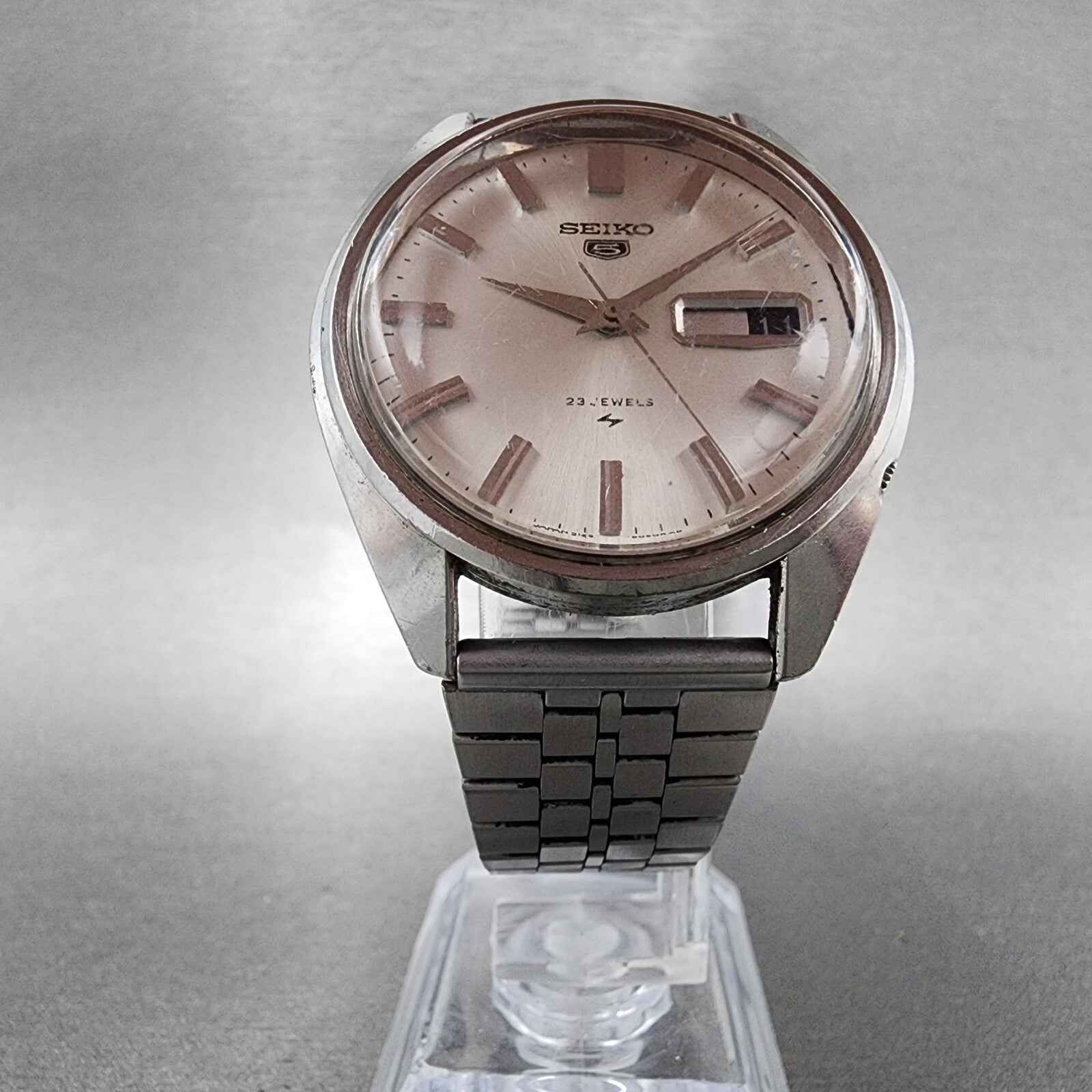 Seiko 5 Watch Men 37mm Silver Dial Silver Tone Daydate Automatic 51268060 PARTS6
