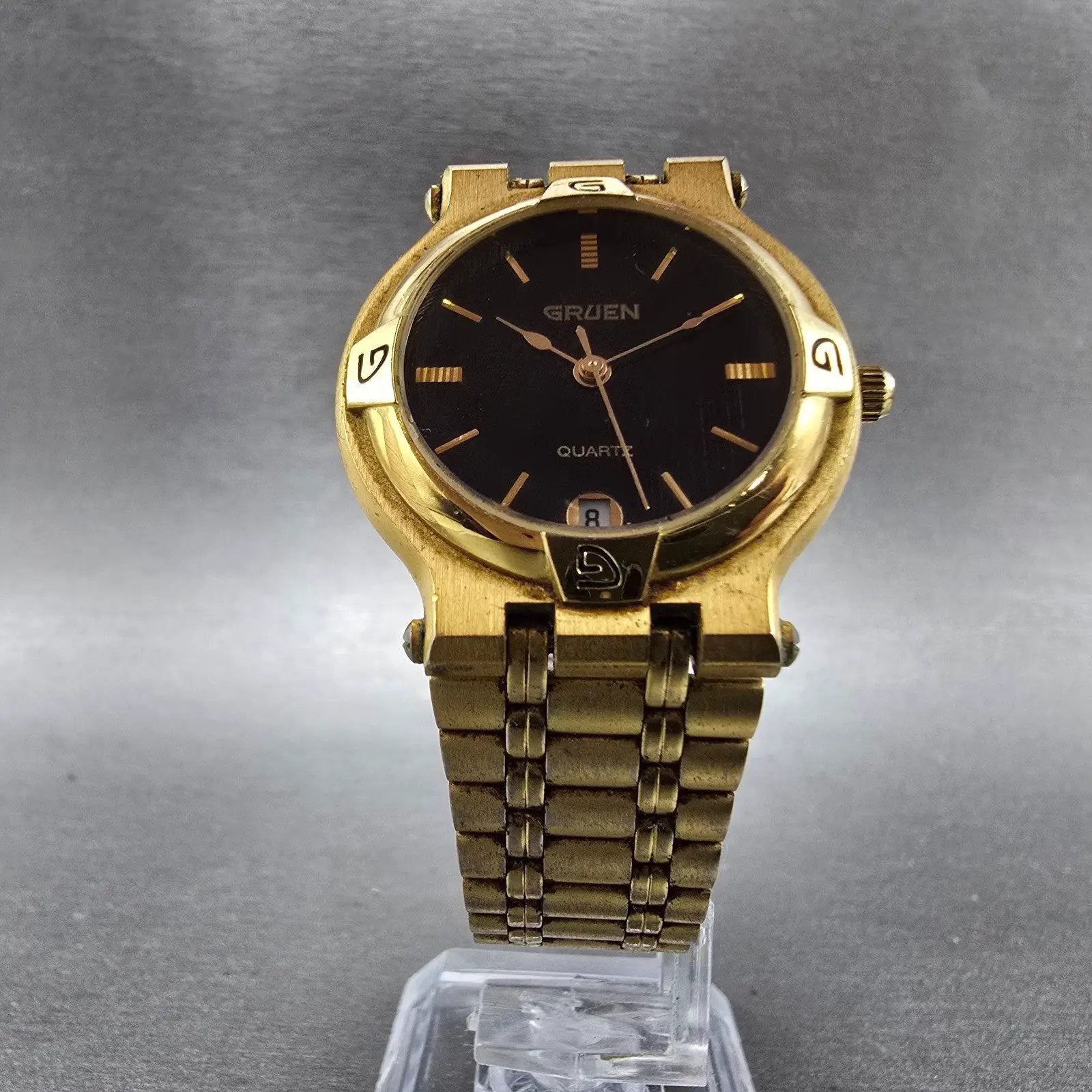 Gruen Watch Unisex 31mm Black Dial Gold Tone Date Round 225-6M12 New Battery6