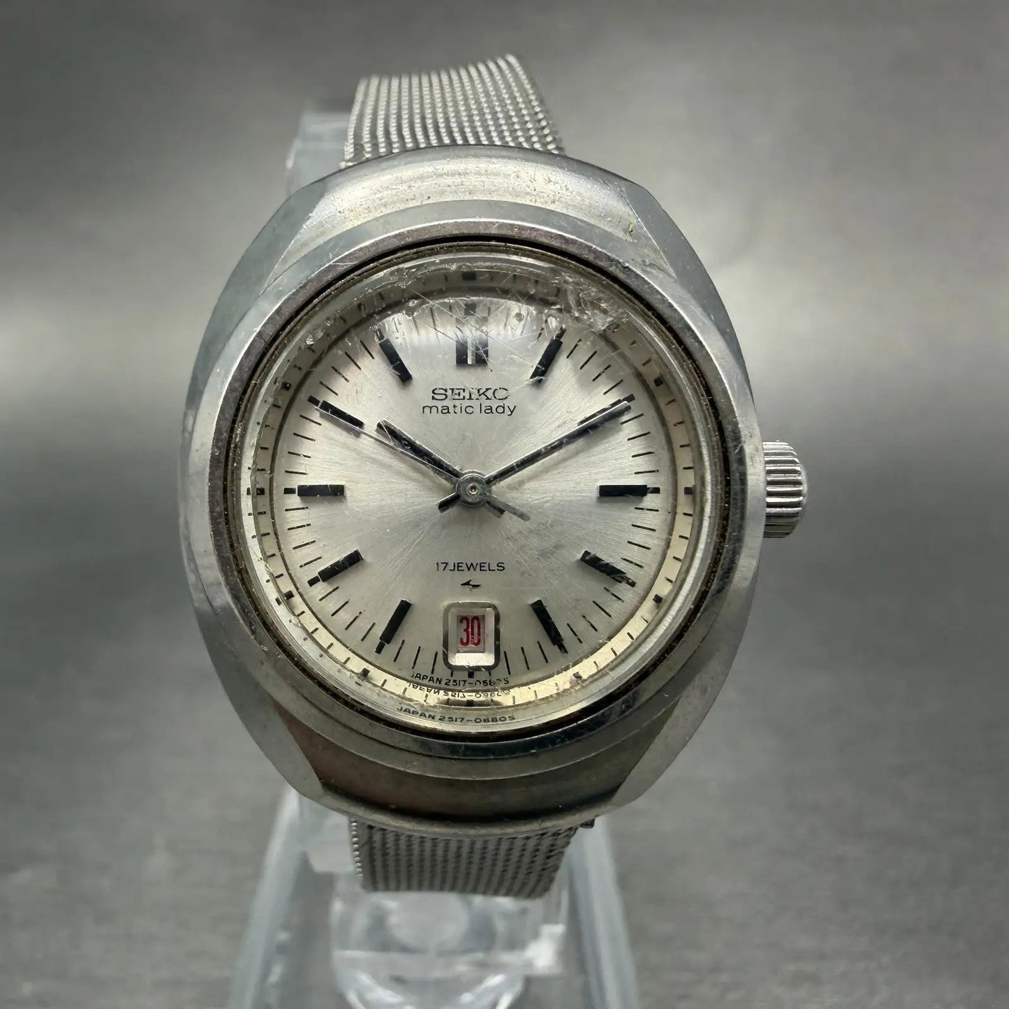 Seiko Matic Lady Watch Women 27mm Silver Dial Silver Tone Date 2517-0520 Runs0