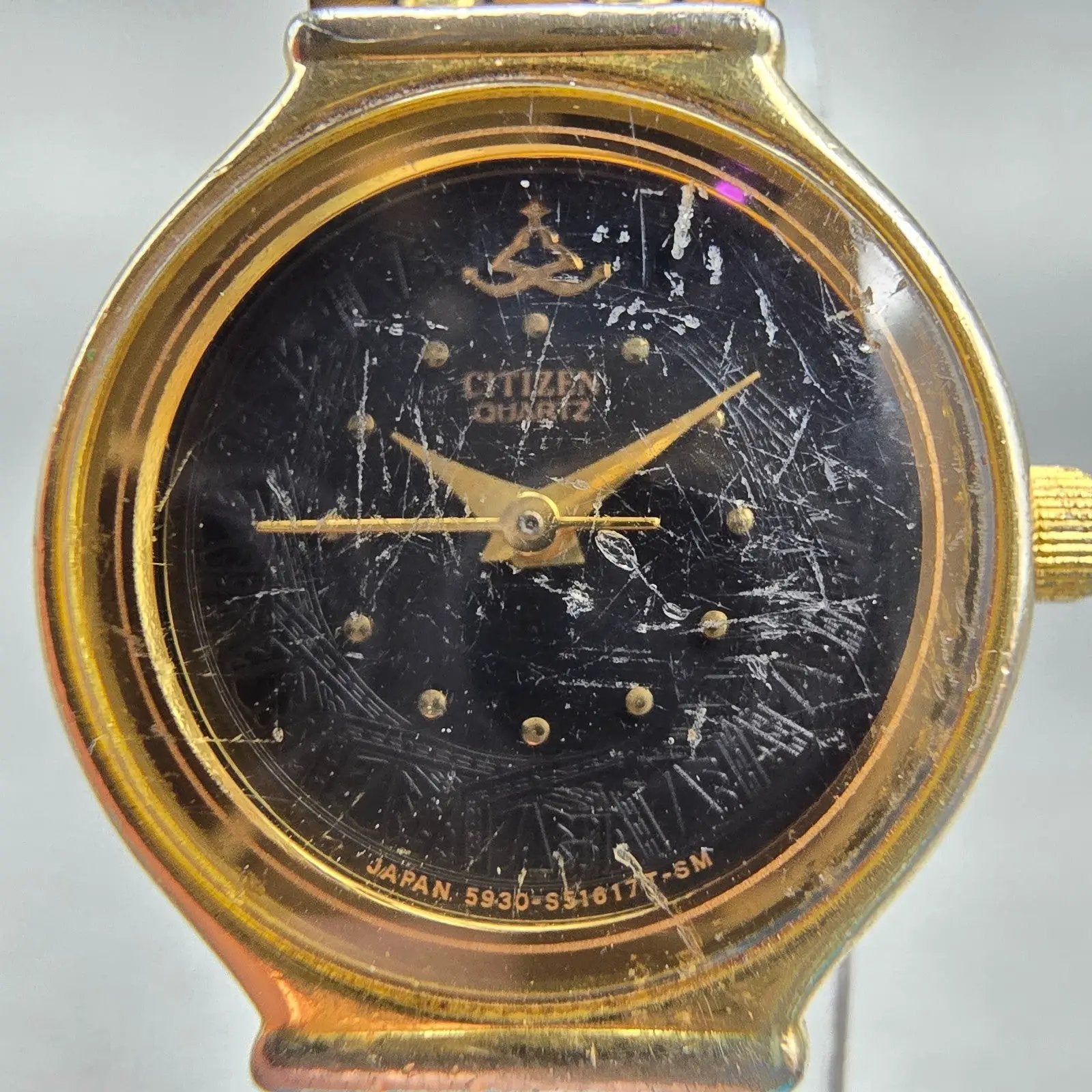 Citizen Watch Women 20mm Black Dial Gold Tone Round 5930-S16806 New Battery VTG1