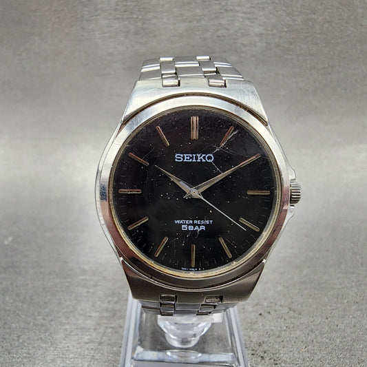 Seiko Watch Men 35mm Black Dial Silver Tone Round 7n010dm0 New Battery0