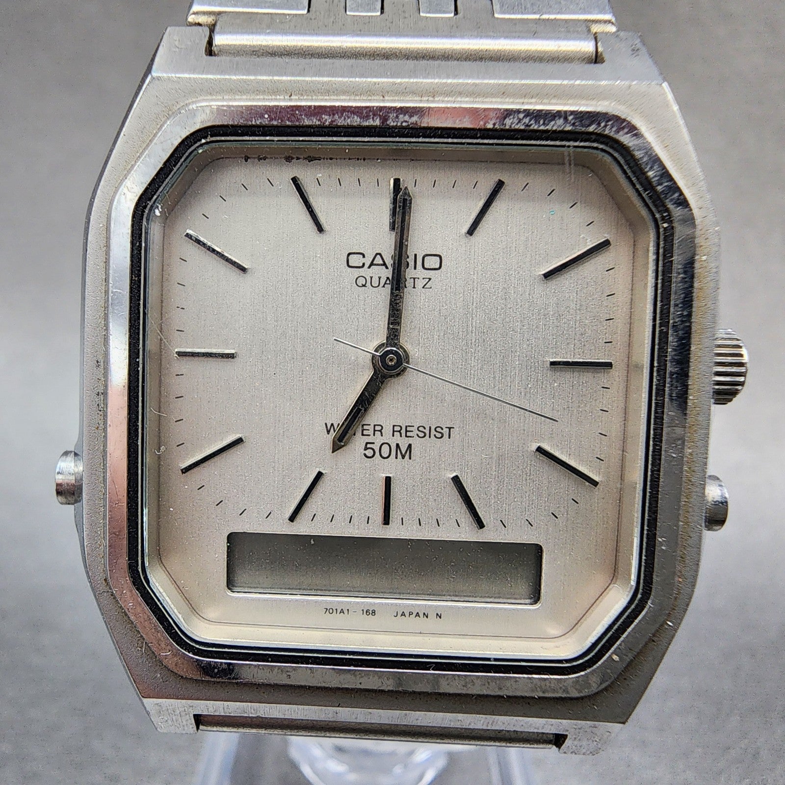 Casio AQ351 Watch Men 31mm Silver Dial Silver Tone Rectangle Alarm Chrono PARTS2