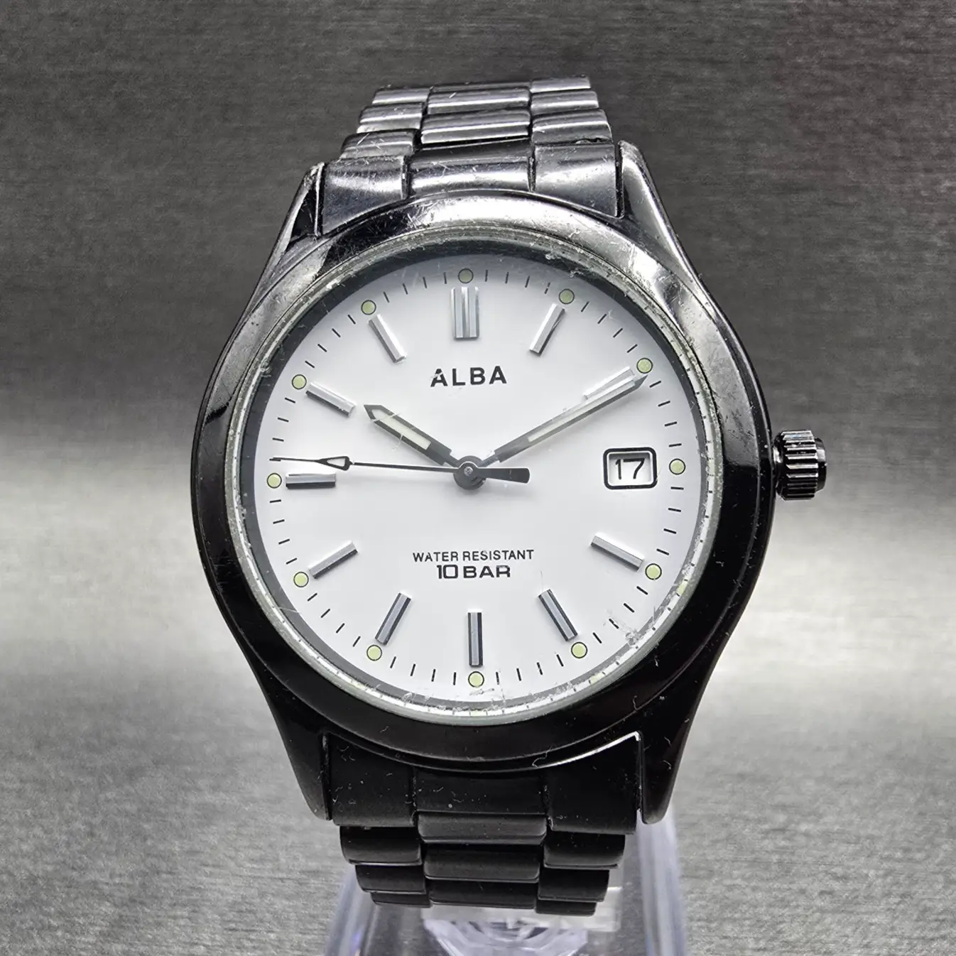 Seiko Alba Watch Men 34mm White Dial Black Tone Date Round 7N32-K004 New Battery0