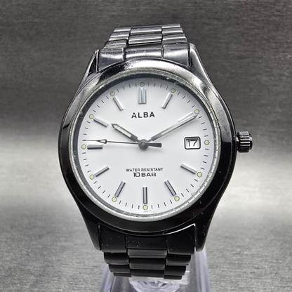 Seiko Alba Watch Men 34mm White Dial Black Tone Date Round 7N32-K004 New Battery0