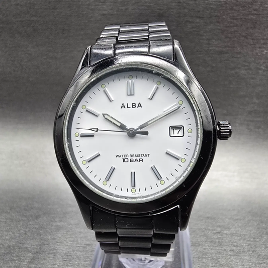 Seiko Alba Watch Men 34mm White Dial Black Tone Date Round 7N32-K004 New Battery0