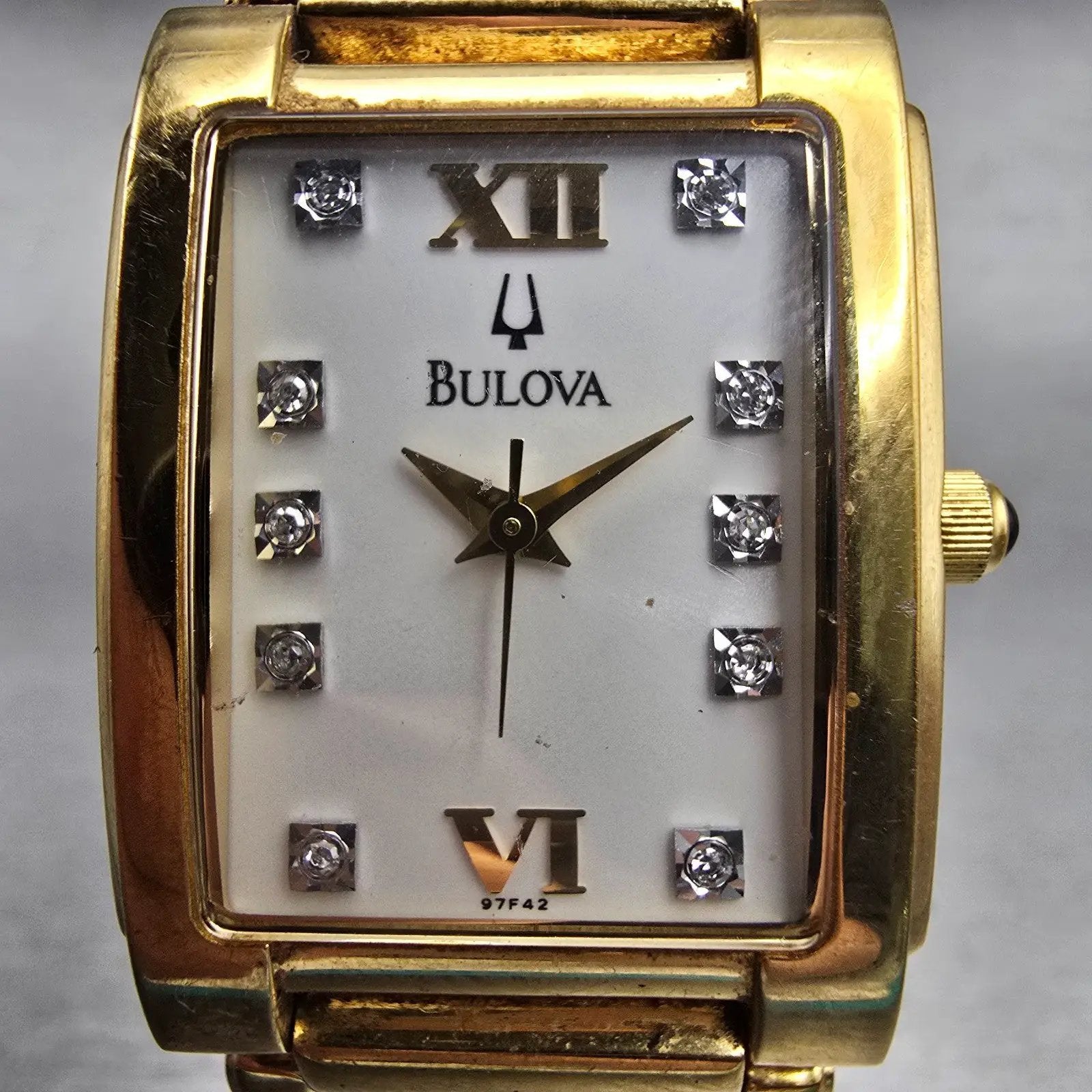 Bulova Watch Men 25mm White Dial Gold Tone Gemmed Rectangle 97F42 New Battery1