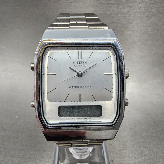 Citizen Analog Digital Watch Men 32mm Silver Dial Silver Tone Rectangle New Batt