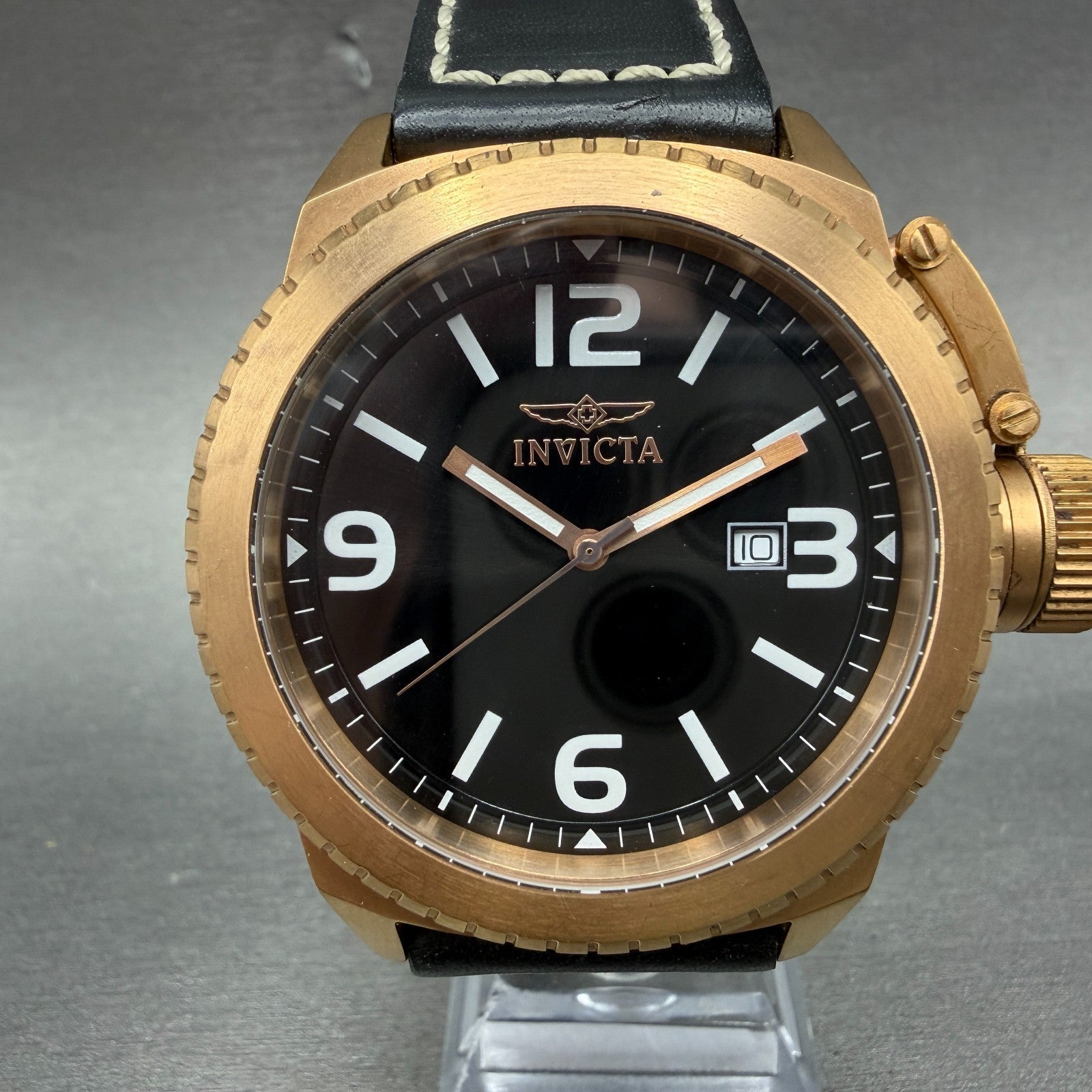 Invicta Watch Men 46mm Black Dial Rose Gold Tone Date 1112 Round New Battery0