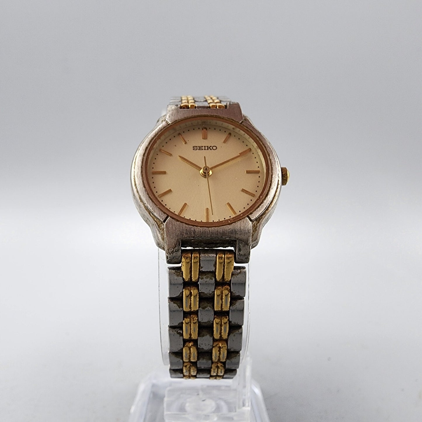 VTG Seiko Watch Women 24mm Champagne Dial Two Tone Round V701-2B90 New Battery