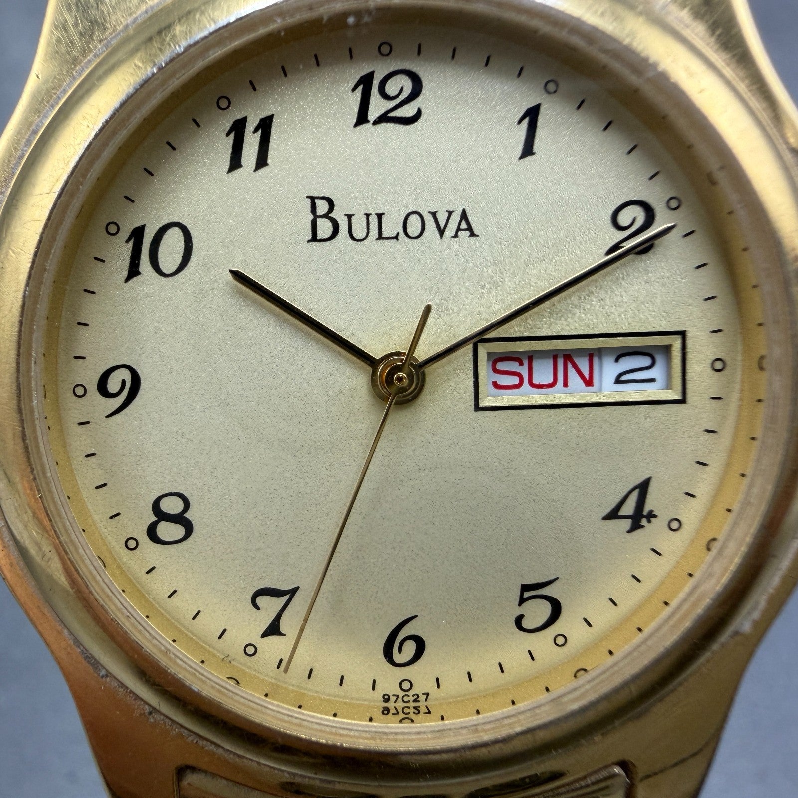 Bulova Watch Men 35mm Champagne Dial Gold Tone Daydate Round 97C27 New Battery1
