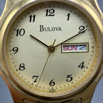 Bulova Watch Men 35mm Champagne Dial Gold Tone Daydate Round 97C27 New Battery1