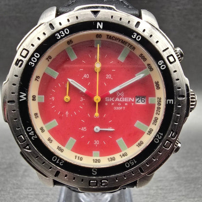 Skagen Chronograph Watch Men 41mm Red Dial Silver Tone Date 12USNR New Battery1