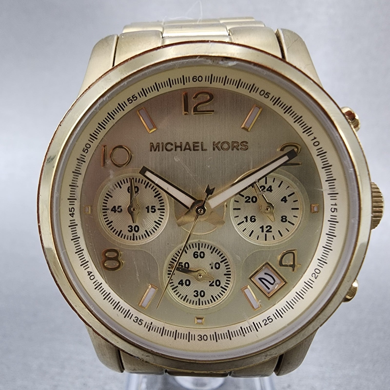 Michael Kors Runway Chronograph Watch Women 38mm Champagne Dial Gold Tone NewBat1