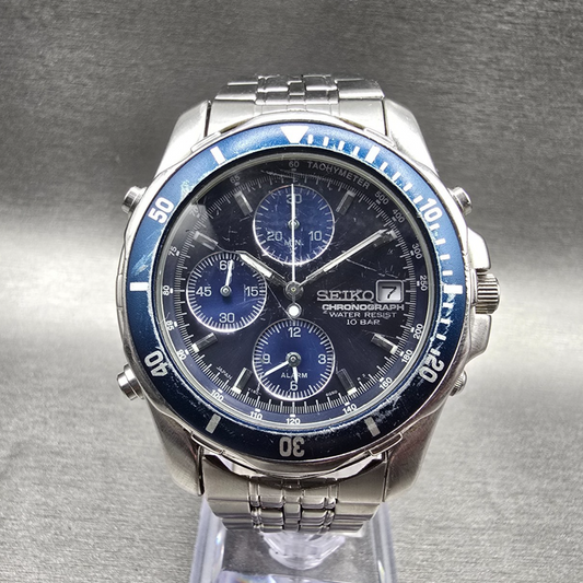 Seiko Chronograph Dive Watch Men 40mm Blue Dial Steel Date Y182-6F00 New Battery0