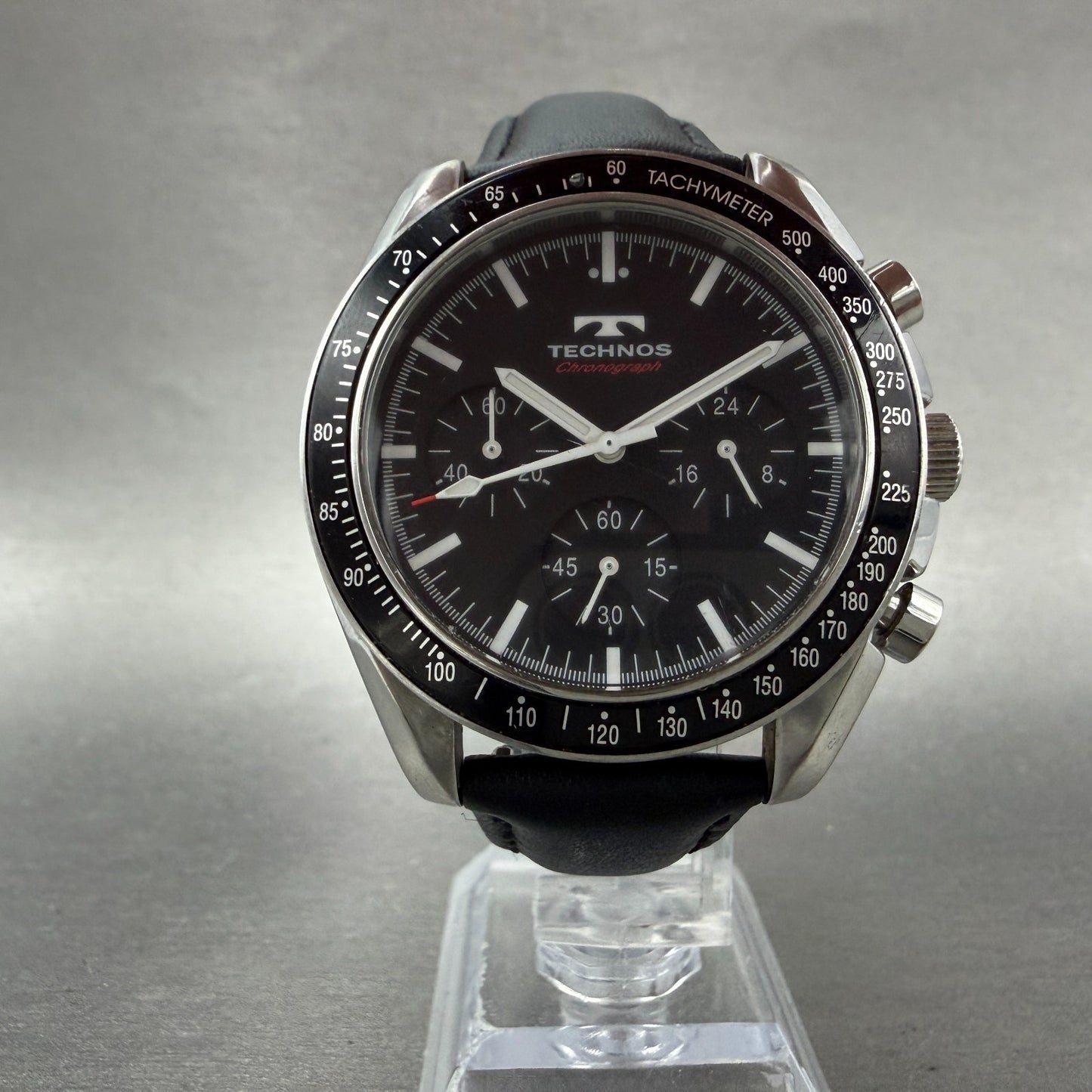 Technos Chronograph Watch Men 42mm Black Dial Silver Tone Round T4062 New Batt A5