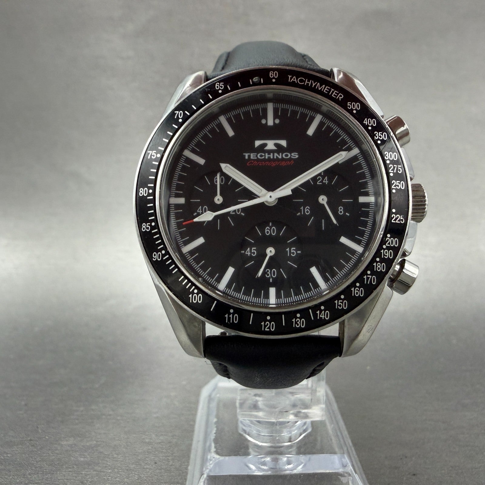 Technos Chronograph Watch Men 42mm Black Dial Silver Tone Round T4062 New Batt A5