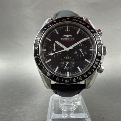 Technos Chronograph Watch Men 42mm Black Dial Silver Tone Round T4062 New Batt A5
