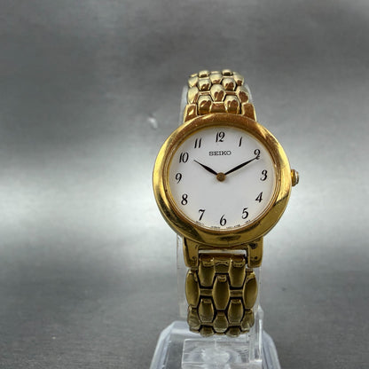 Seiko Watch Women 24mm White Dial Gold Tone Round 1N00-1E19 New Battery hKJh5