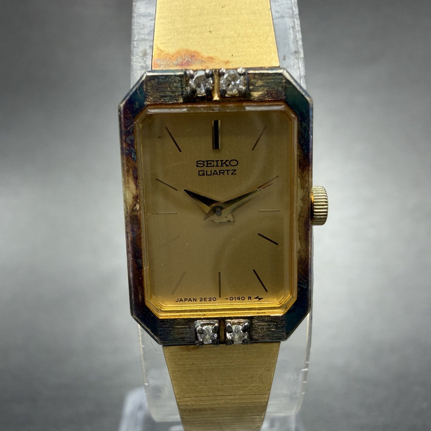 Seiko Tank Watch Women 14mm Champagne Dial Gold Tone Rectangle 2e20-5099 New Bat1