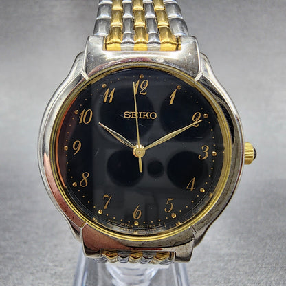 Seiko Watch Men 32mm Black Dial Two Tone Round V701-2B70 New Battery