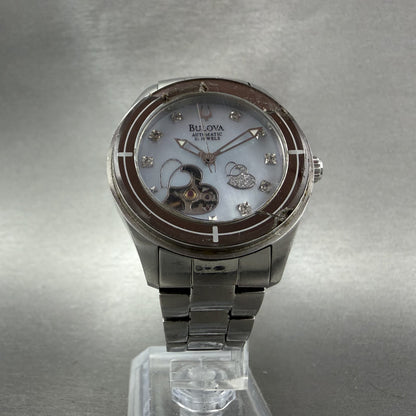 Bulova Automatic Watch Women 36mm MOP Heart Dial Silver Tone Round 96R151 Runs5