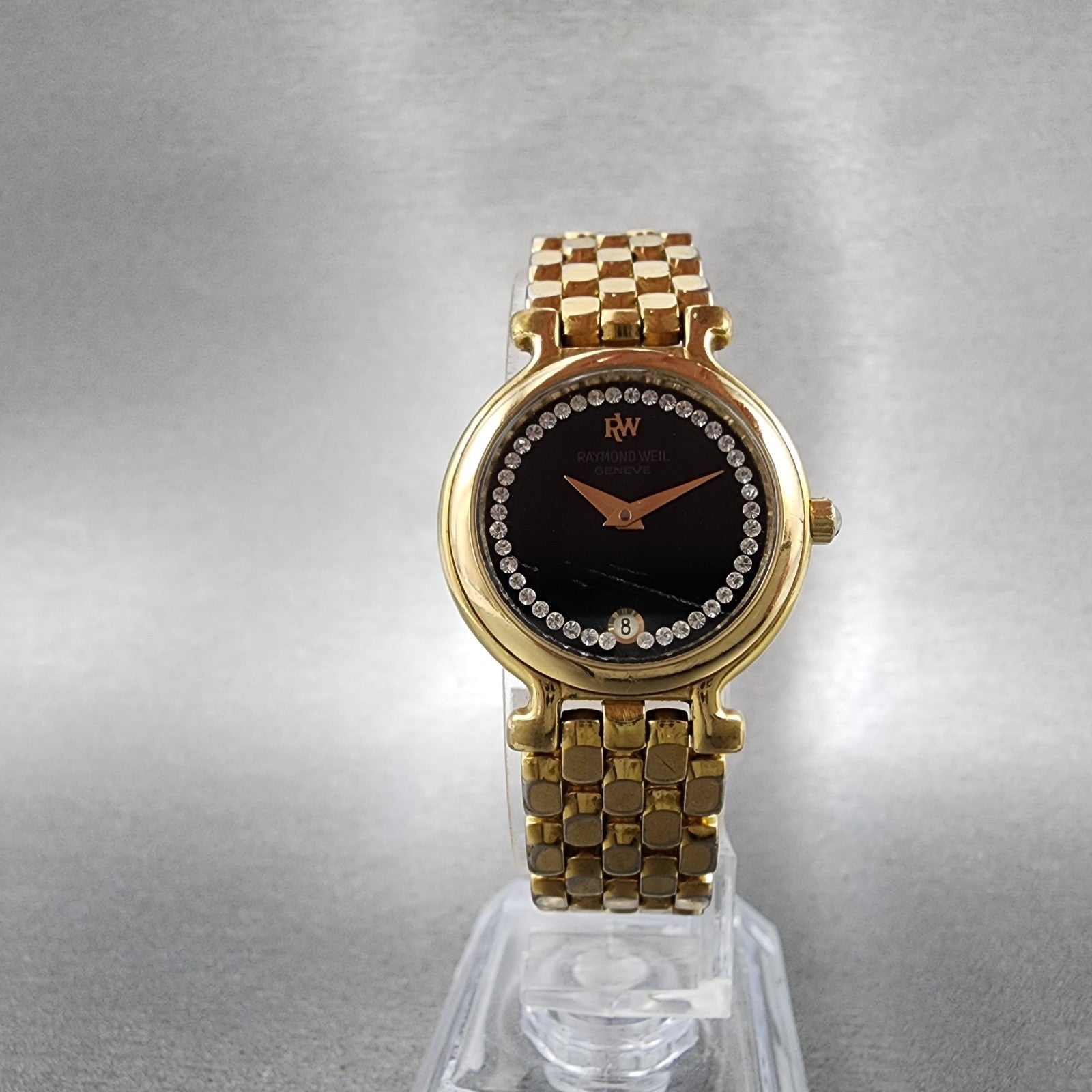 Raymond Weil Watch Women 24mm Black Dial Gold Plated Diamonds 9937 New Battery5
