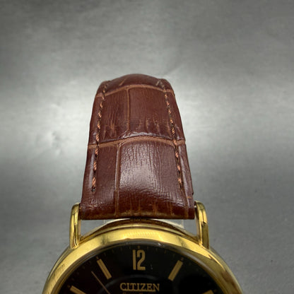 Citizen Eco-Drive Watch Men 36mm Black Dial Gold Tone Daydate E101-S015588 Runs4