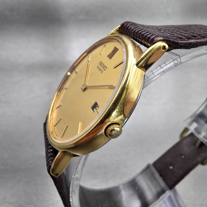 Seiko Watch Men 32mm Gold Dial Gold Tone Date Round 5Y39-7010 New Battery VTG2