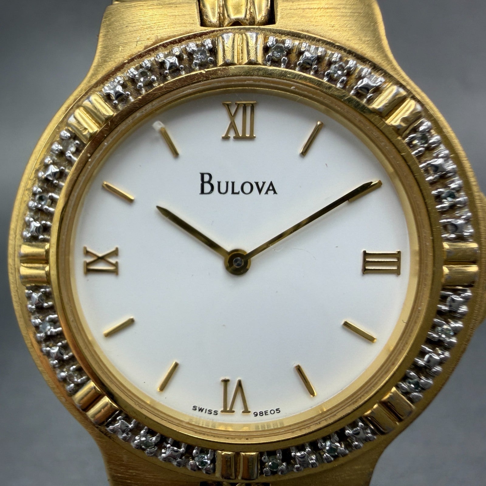 Bulova Watch Men 34mm White Dial Gold Tone Diamond Bezel Round 98E05 New Battery1