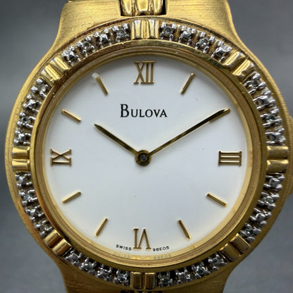 Bulova Watch Men 34mm White Dial Gold Tone Diamond Bezel Round 98E05 New Battery1