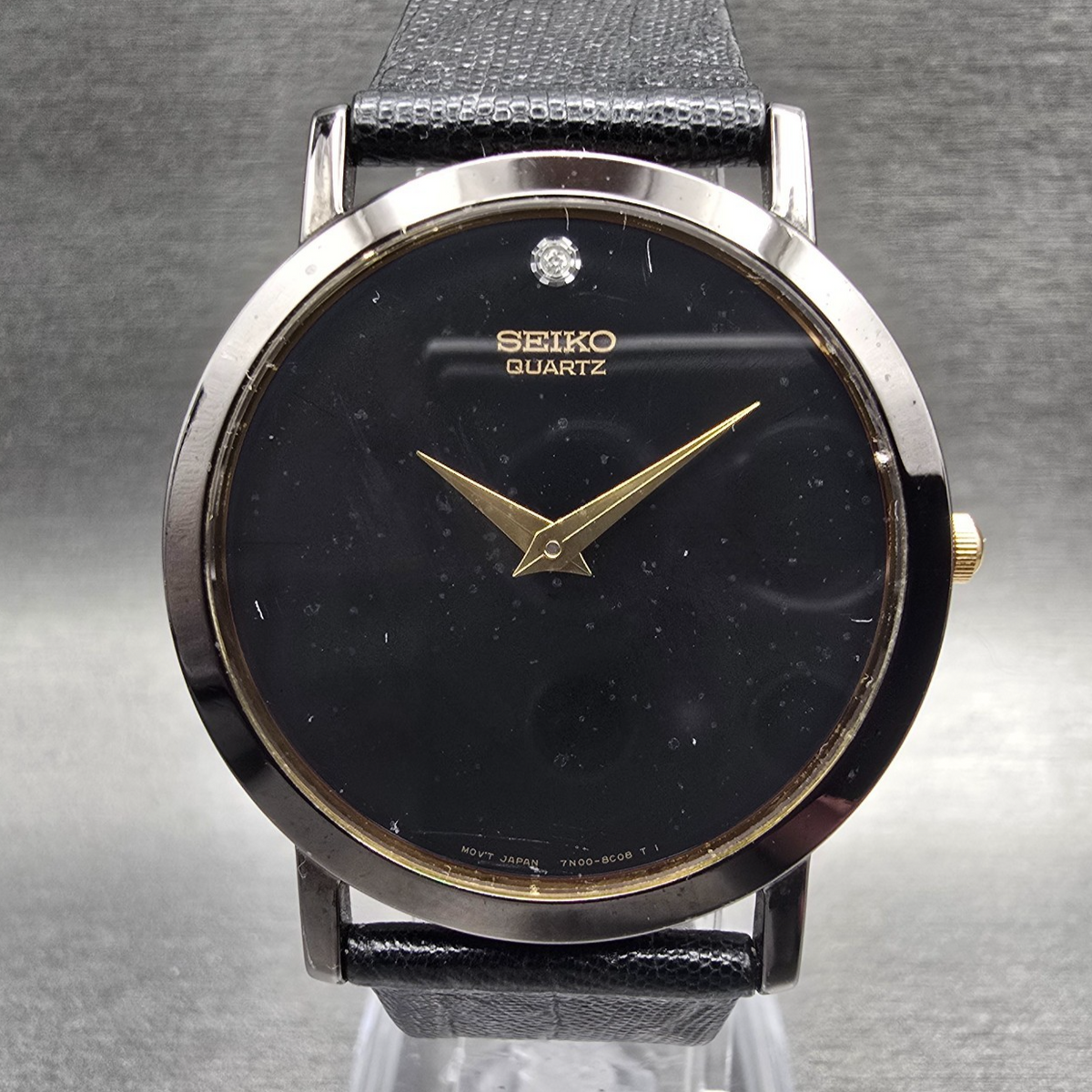 Seiko Mens Watch 34mm Black Dial Black Tone Round 7N00-8A49 New Battery Vintage0