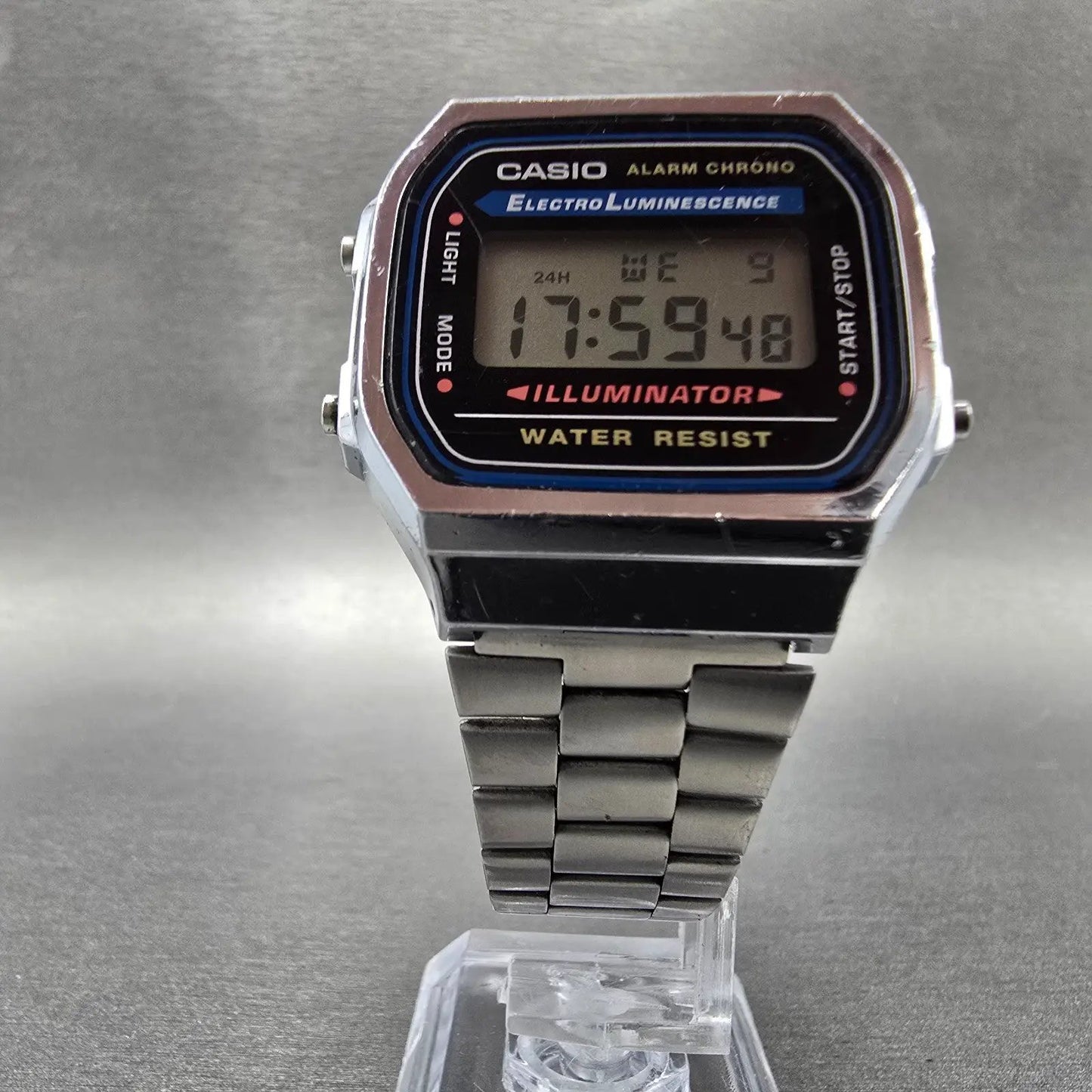 Casio A168 Illuminator Watch Men 36mm Digital Silver Tone Alarm Chrono New BattQ5