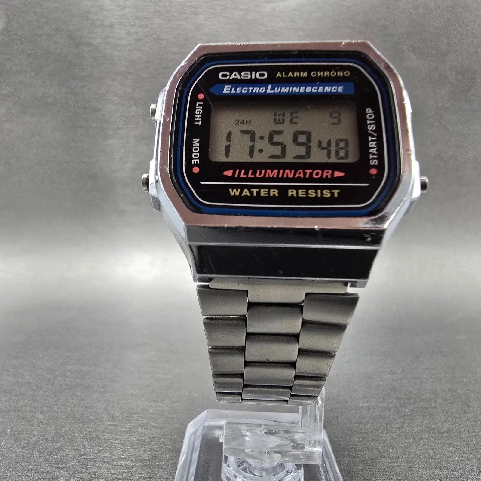 Casio A168 Illuminator Watch Men 36mm Digital Silver Tone Alarm Chrono New BattQ5
