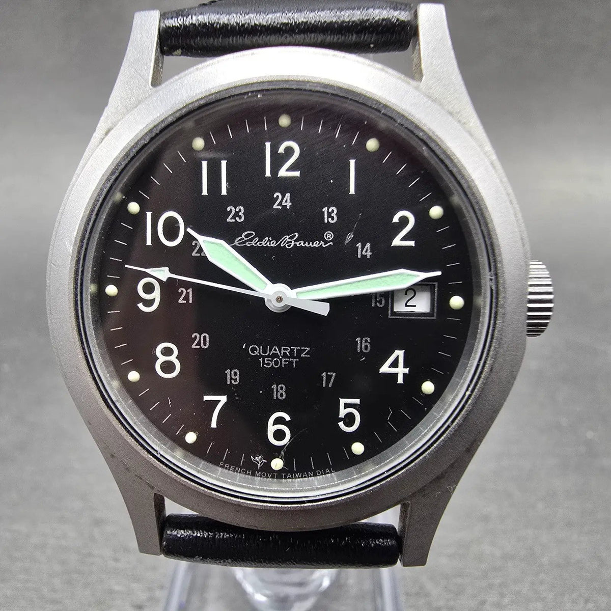 Eddie Bauer Watch Men 34mm Black Dial Silver Tone Date Round Leather New battery0