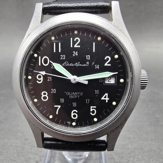Eddie Bauer Watch Men 34mm Black Dial Silver Tone Date Round Leather New battery0