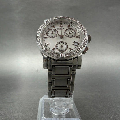 Bulova Chronograph Watch Women 30mm White Dial Silver Tone Date 96R19 New BattI55
