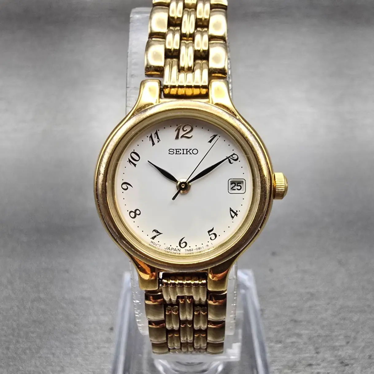 Seiko Watch Women 23mm White Dial Gold Tone Date Round 7N82-0228 New Battery VTG0