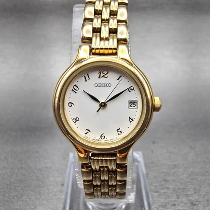 Seiko Watch Women 23mm White Dial Gold Tone Date Round 7N82-0228 New Battery VTG0