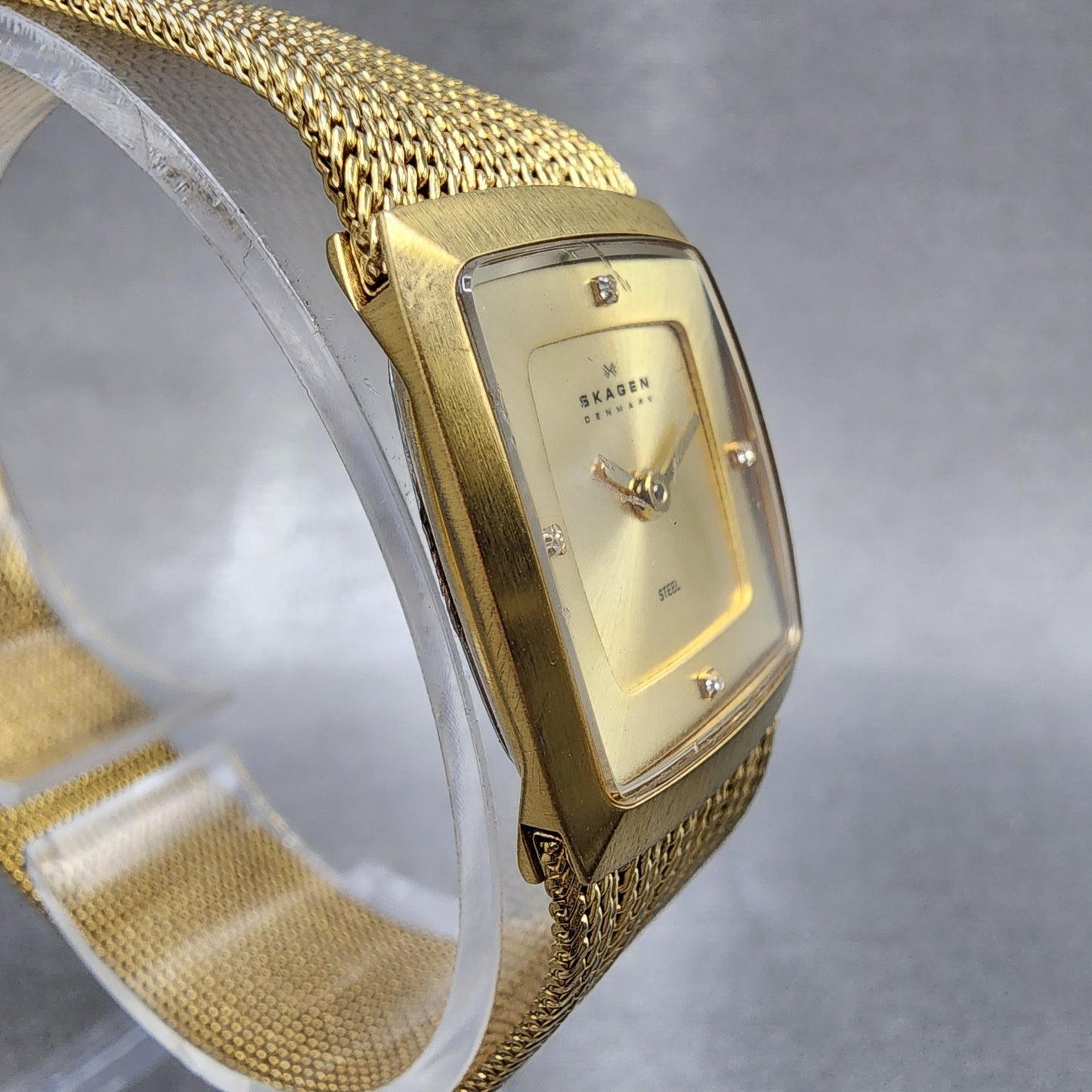 Skagen Tank Watch Women 22mm Champagne Dial Gold Tone Rectangle New Battery3
