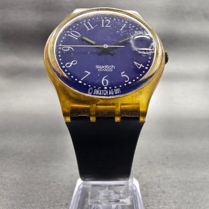 Swatch Blu-Lui Watch Men 34mm Blue Dial Clear Case Date Round GK400 New Bat5