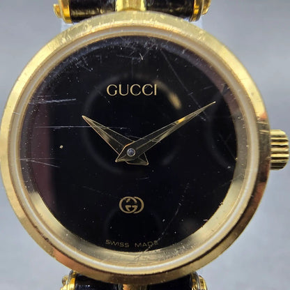 Gucci 2000L Watch Women 22mm Black Dial Gold Plated Round New Battery VTG SW1