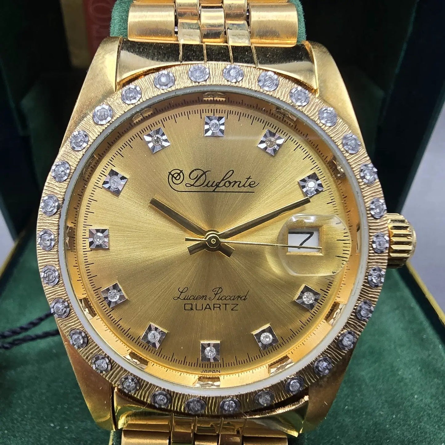 Lucien Piccard Dufonte Watch Men 36mm Gold Dial Gold Tone Date Diamond Bezel1