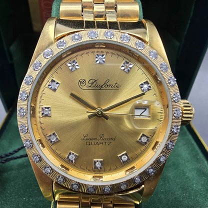 Lucien Piccard Dufonte Watch Men 36mm Gold Dial Gold Tone Date Diamond Bezel1