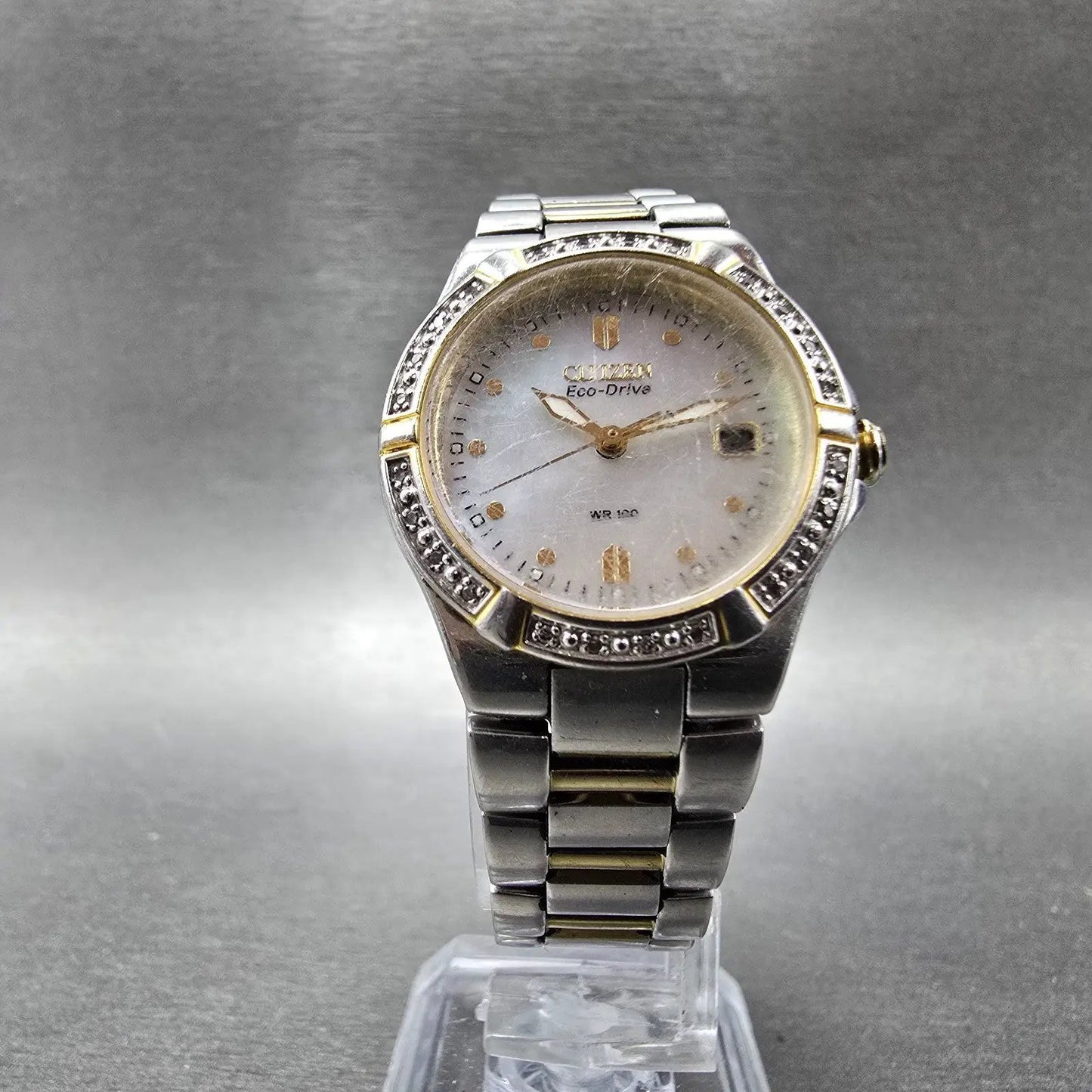 Citizen Eco-Drive Watch Women 27mm MOP Dial Two Tone Gemmed E011-S044235 Works K6