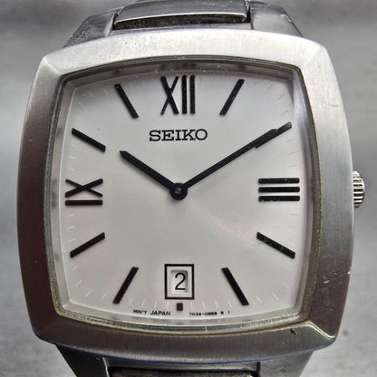 Seiko Watch Men 34mm White Dial Silver Tone Date Rectangle 7N39-0AS0 New Battery1