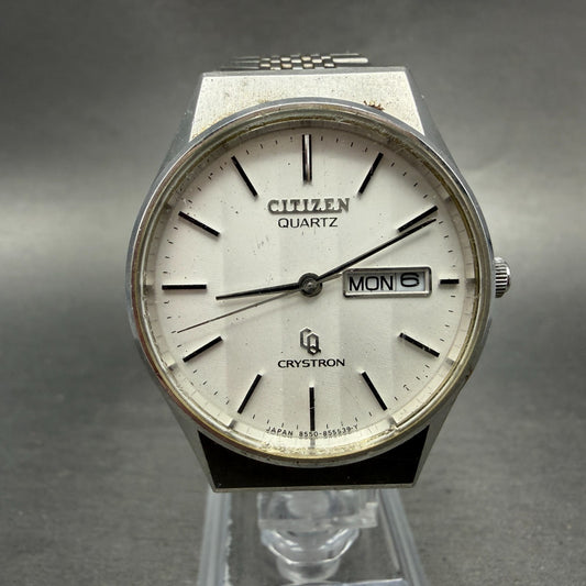Citizen CQ Crystron Watch Men 34mm Silver Dial Steel Daydate 4-850904 PARTS VTG0