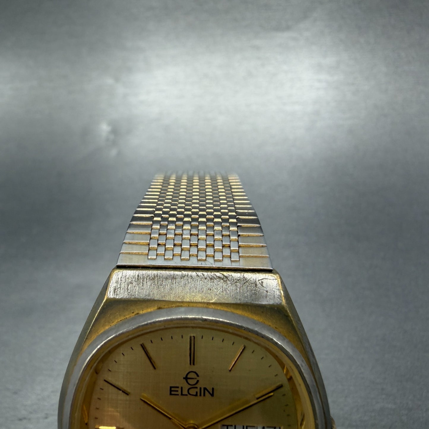 Elgin Watch Men 33mm Gold Dial Gold Tone Daydate Round New Battery  VTG4