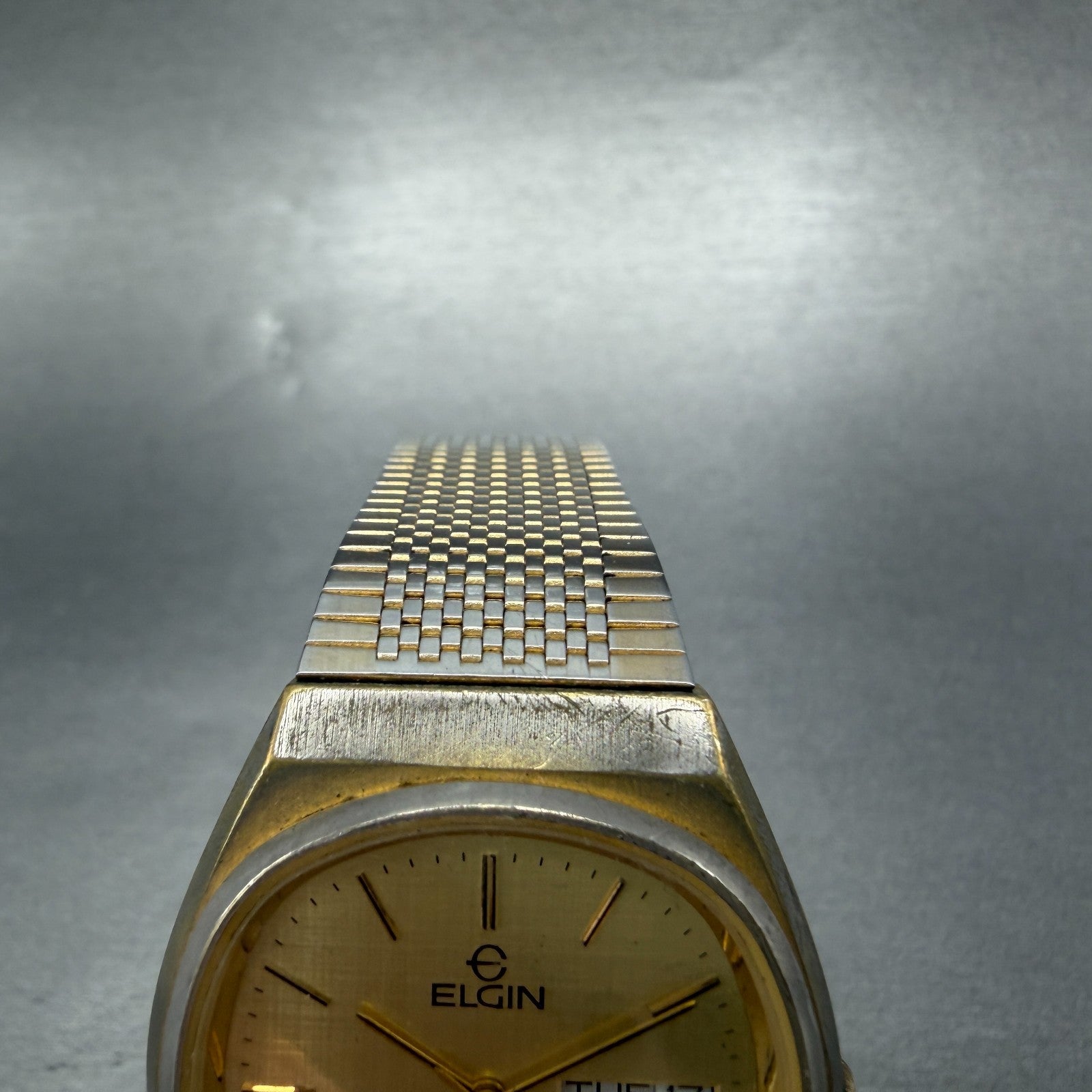 Elgin Watch Men 33mm Gold Dial Gold Tone Daydate Round New Battery  VTG4