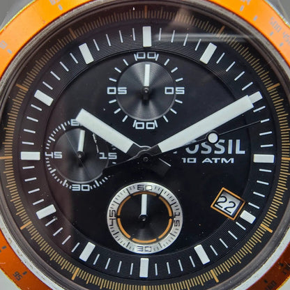 Fossil Chronograph Watch Men 43mm Black Dial Gray Tone Orange CH-2785 NewBattery1