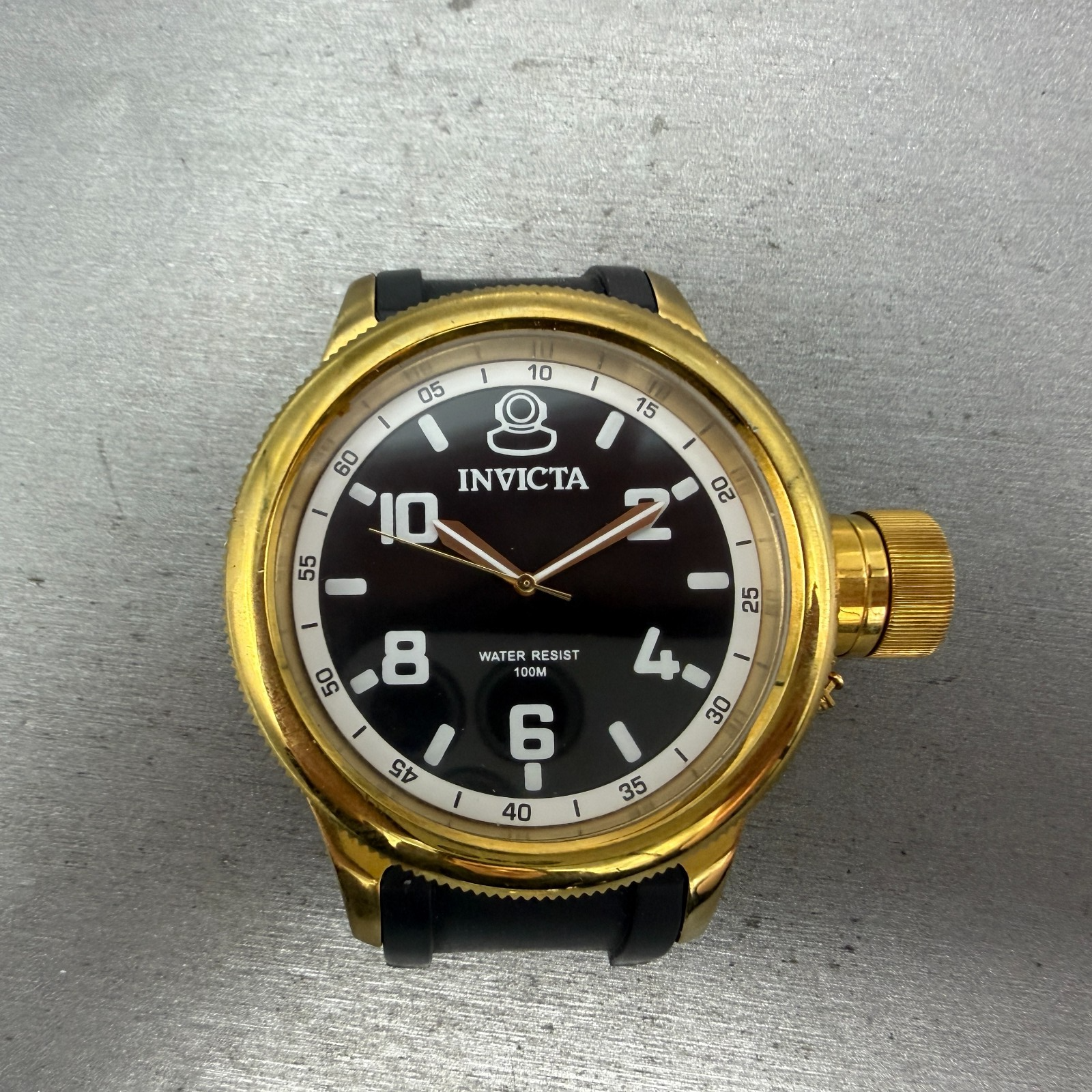 Invicta Russian Diver Watch Men 52mm Black Dial Gold Tone Round 1436 New Battery0
